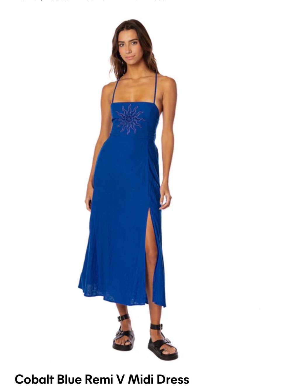NWOT: Maaji Remi Cobalt Blue Dress w/ Sun Embroidery, Open Back, Side Slit -$189